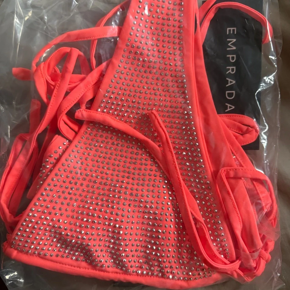 Empada Iseppa Orange Rhinestone Triangle Tie Up Bikini, Embellished Bikini NWT